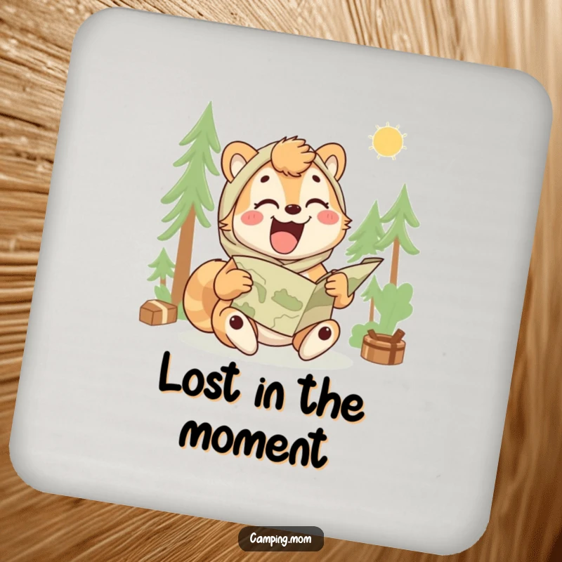 Funny camping mom coaster set showing an animal laughing while trying to unfold a map, adventure protection.