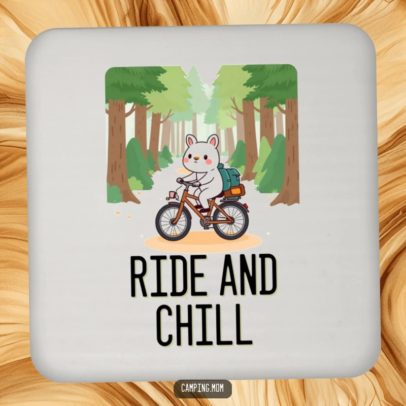 Funny camping animal drink coaster, playfully riding a bicycle down a forest path, a humorous protector for your furniture.