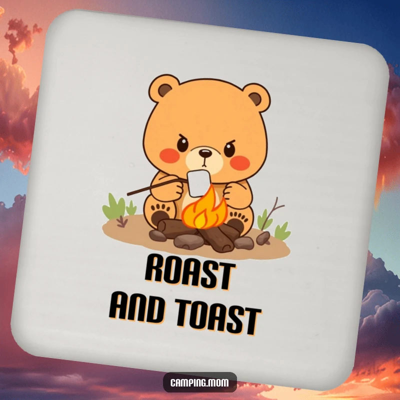 Funny coasters featuring a determined mama bear roasting a marshmallow over a campfire, protecting surfaces with warmth.