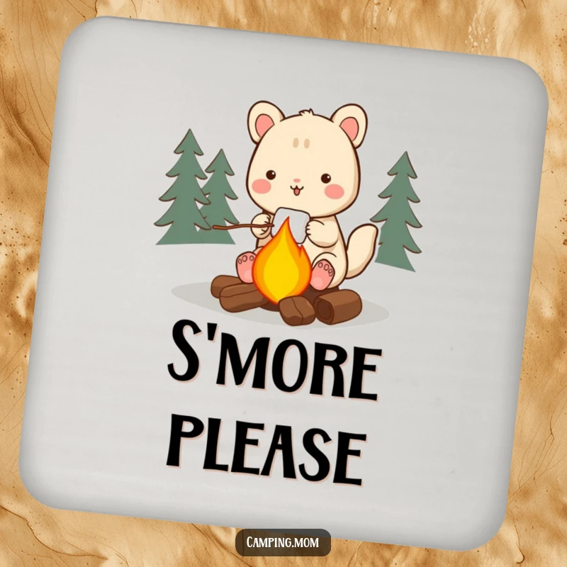 Funny camping animal drink coaster, happily roasting a marshmallow over a campfire, a humorous protector for your furniture.