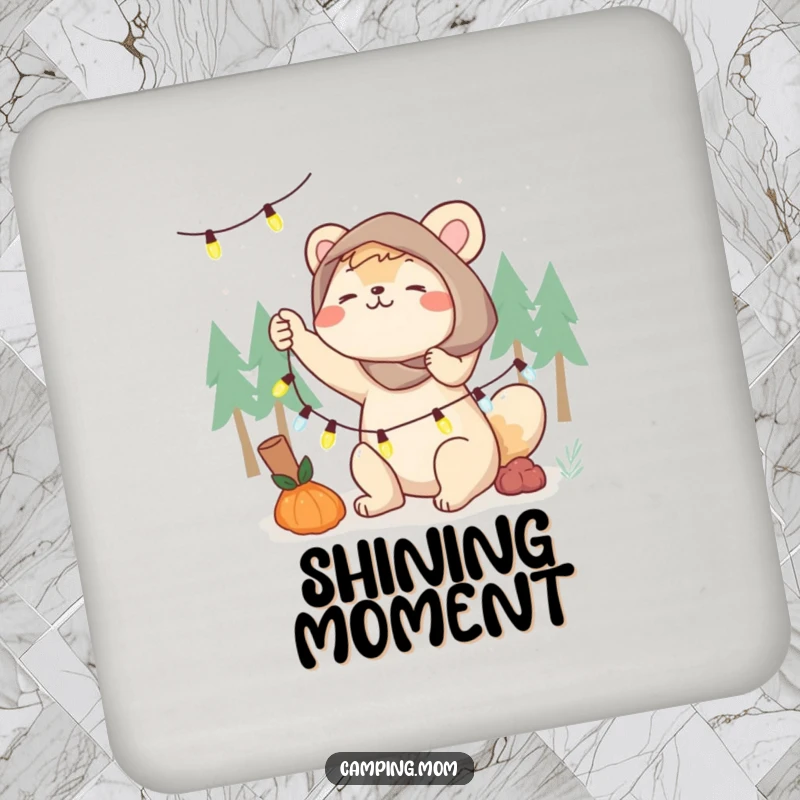 Funny camping mom drink coaster, an animal mom energetically setting up fairy lights, protecting surfaces with charm.