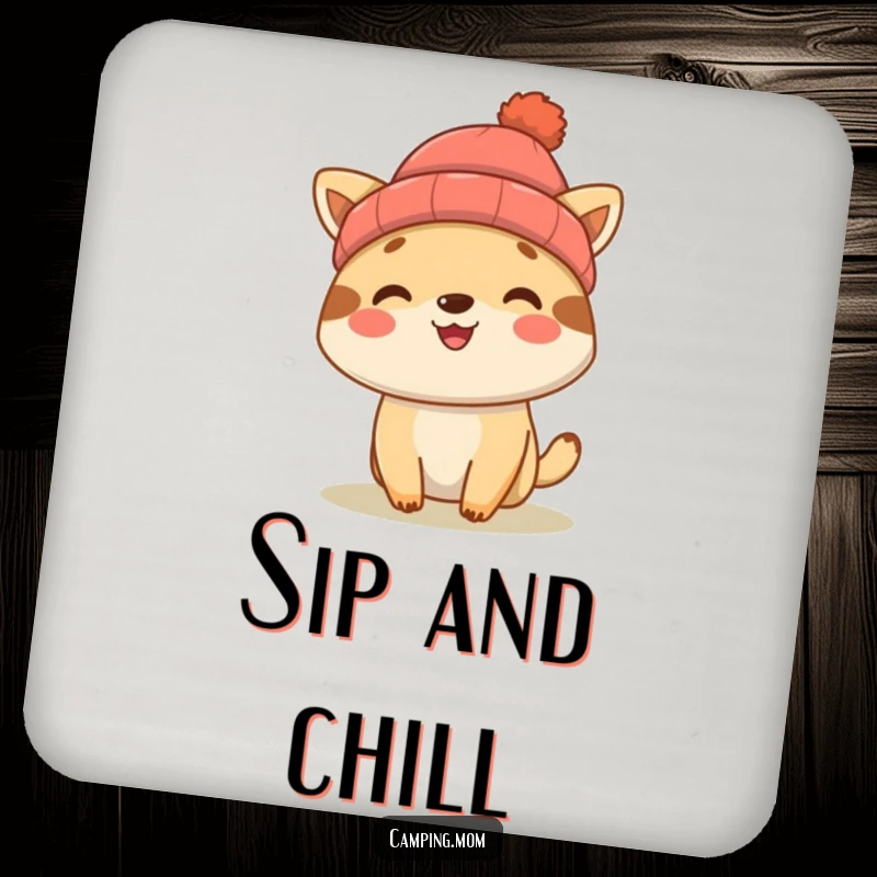 Funny camping animal character in a beanie, smiling on a protective drink coaster, for desks and tables.