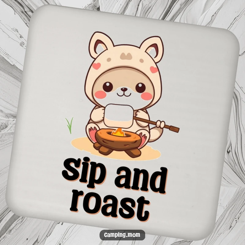 Funny kawaii camping animal character roasting a marshmallow on a stick, featured on a protective and humorous drink coaster.