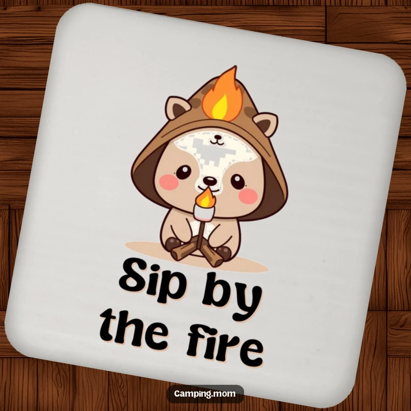 Funny campfire coasters showing a cheerful animal in a hat, roasting a marshmallow, adding outdoor humor to your drink setup.