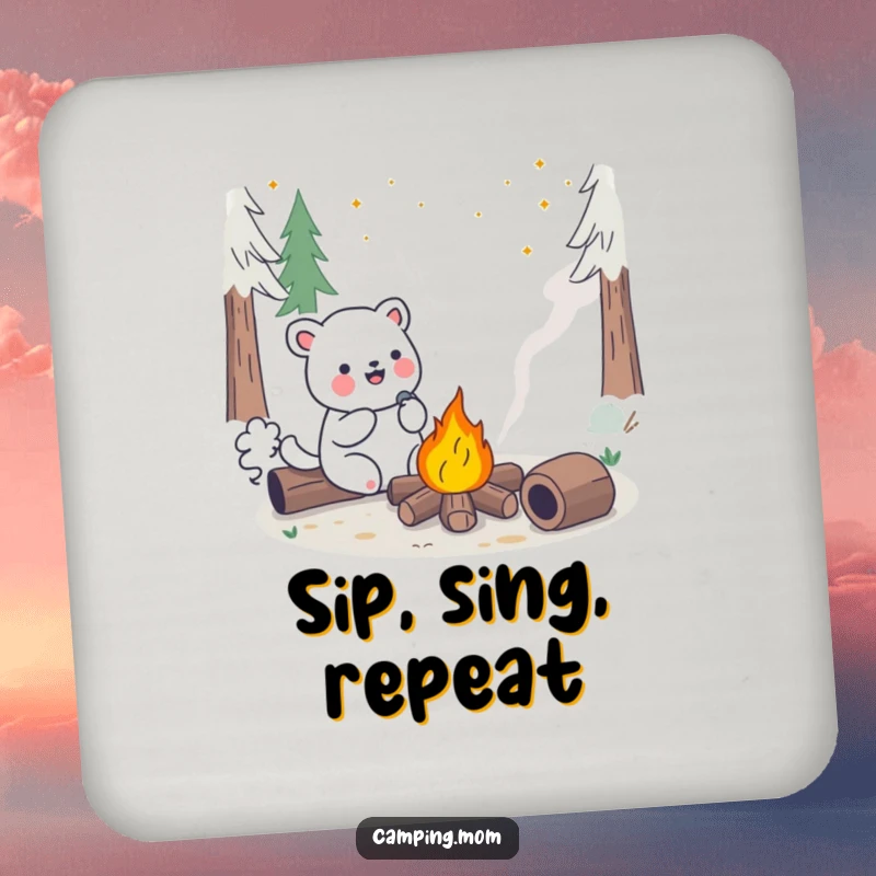 Funny Kawaii Camping Animal Coaster featuring a happy singing creature beside a cheerful campfire, ideal for drink protection.