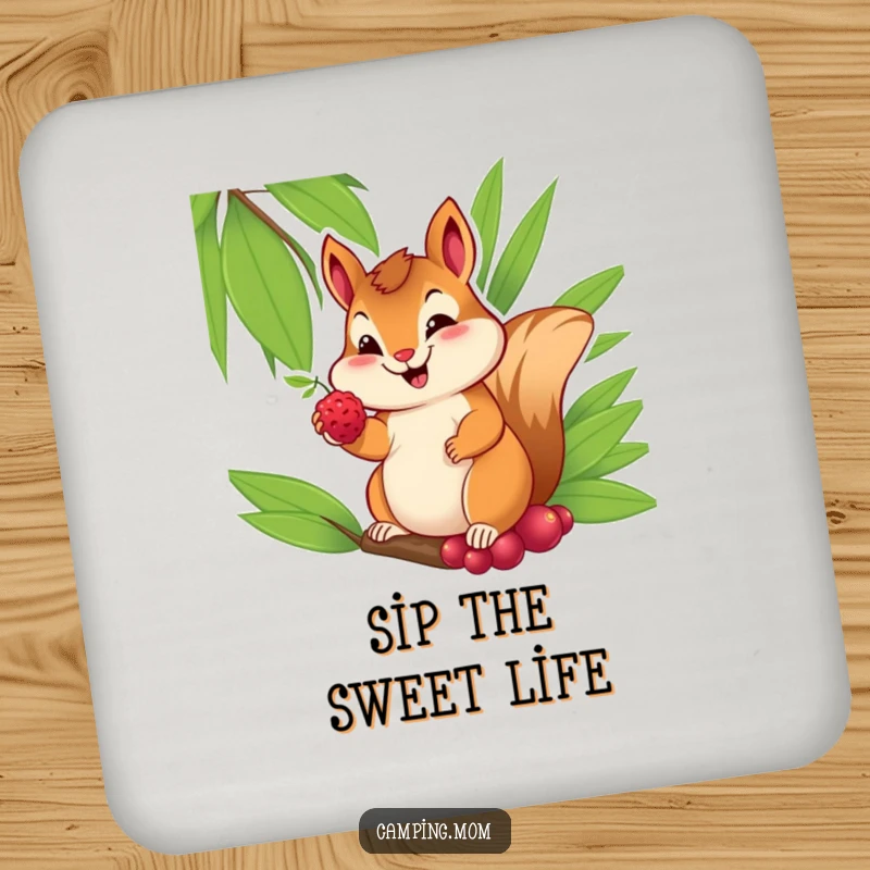 Funny drink coasters featuring a cheerful chipmunk with a sweet smile, offering a berry from its palm, for protecting tables.