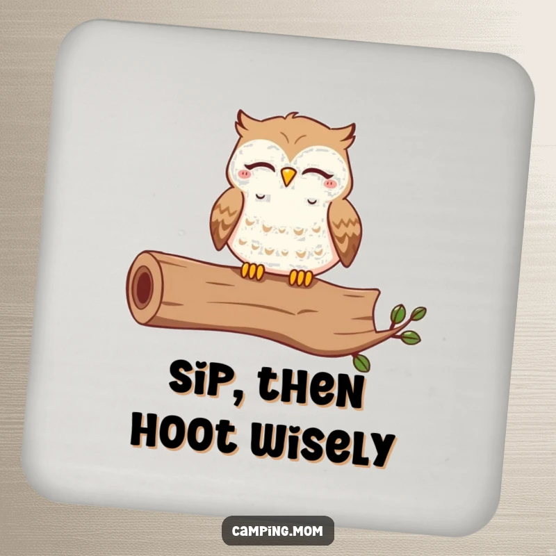 Funny drink coasters featuring a contented owl hooting happily with closed eyes on a log, protecting surfaces with humor.