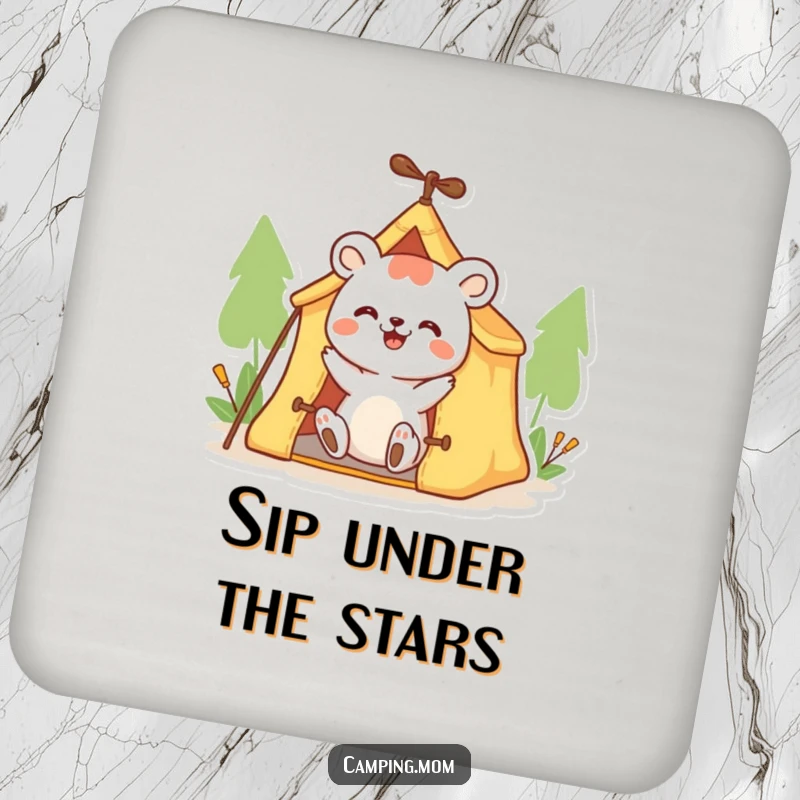 Funny animal coasters with a happy character enthusiastically setting up a small tent, protecting surfaces with humor.