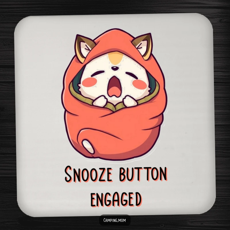 Funny camping animal character yawning widely, wrapped in a sleeping bag, on a protective drink coaster.