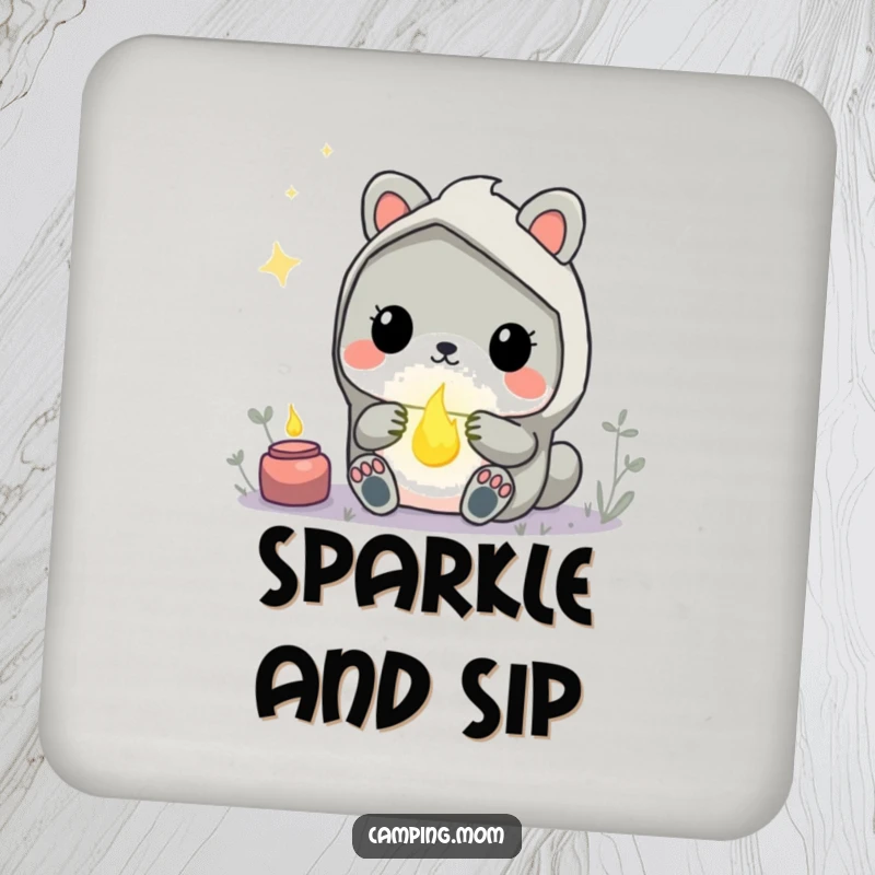 Funny Kawaii Camping Animal Coaster featuring a creature mesmerized by a glowing firefly, perfect for protecting surfaces.