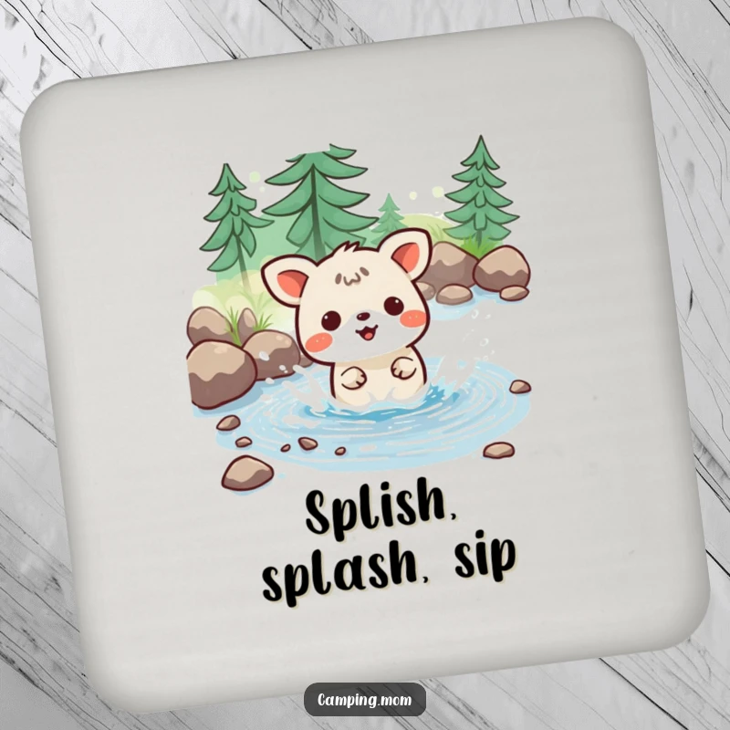 Funny coaster featuring a kawaii camping animal joyfully splashing in a tiny stream, adding a protective and playful touch.