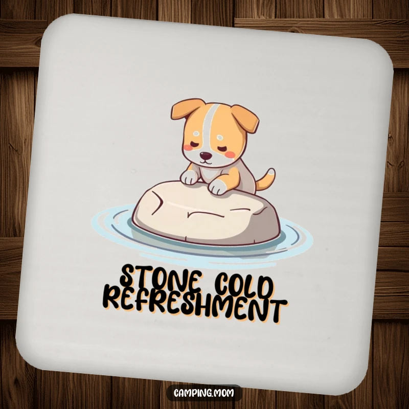 Funny Dog Coaster: A coaster featuring a dog holding a perfect, smooth skipping stone, ready to skip.