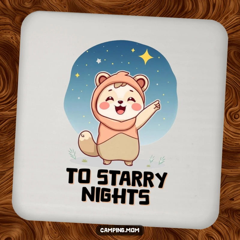 Funny camping mom drink coaster, an animal mom pointing at a starry night sky, protecting surfaces with celestial flair.