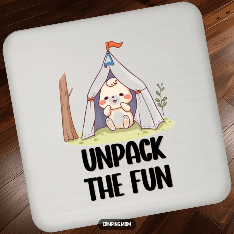 Funny animal character in a comical tent setup struggle, on a humorous drink coaster.