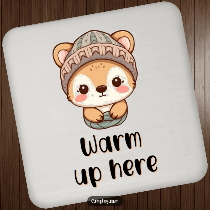 Funny animal character in a knitted hat, looking cozy, printed on a drink coaster for a touch of humor and warmth.