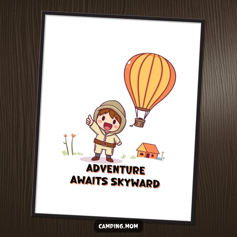 Funny poster of a whimsical camping character excitedly pointing at a stunning, colorful hot air balloon soaring through the sky.