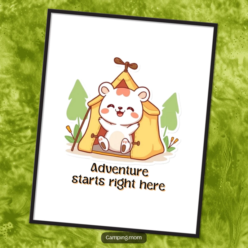 Funny animal poster depicting a happy character enthusiastically setting up a small tent, bringing laughter to any space.