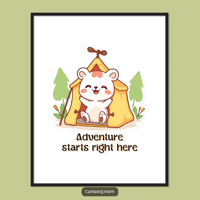 Funny Animal Camping Poster: Enthusiastic Tent Setup Art for a Hilarious Wall Gift