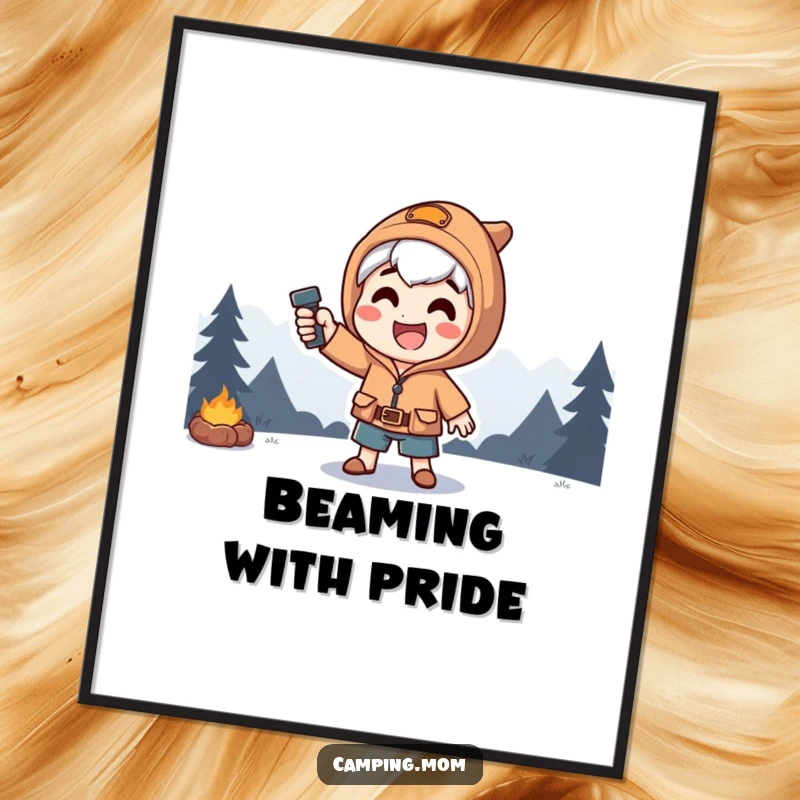 Funny poster of a happy camping character striking a theatrical pose, with a dramatic flashlight beam cutting through the darkness.