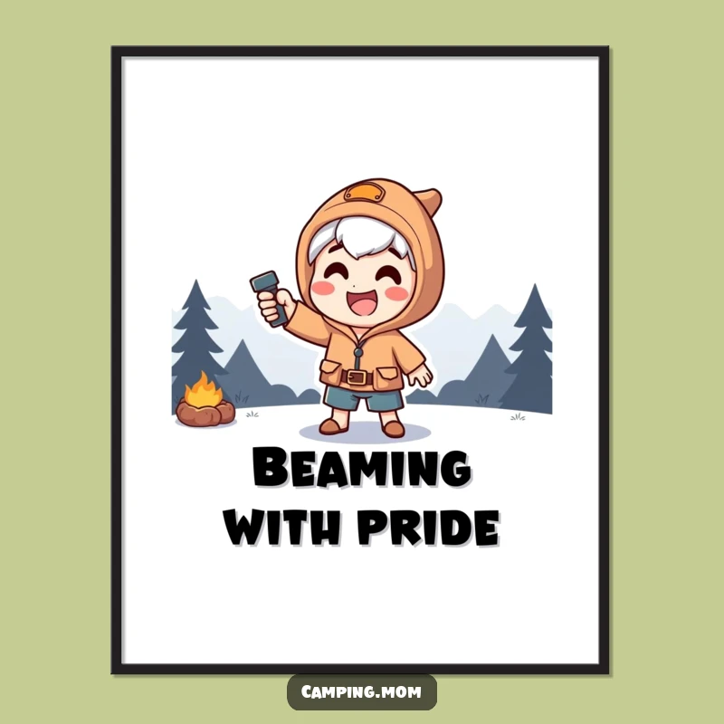 Funny Dramatic Camping Poster: Happy Character's Flashlight Pose, A Striking Funny Gift.