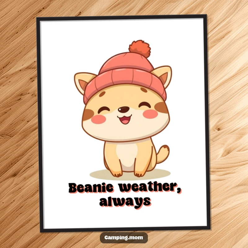 Funny camping animal character in a beanie, smiling with joy, displayed as charming wall art poster.