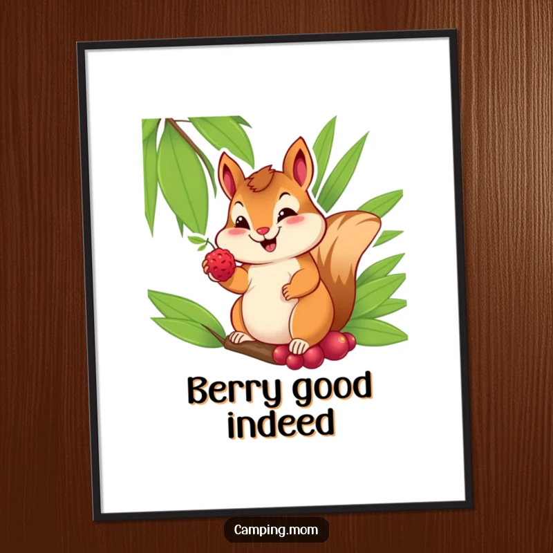Funny poster art of a cheerful chipmunk with a sweet smile, offering a berry from its palm, for adorable decor.
