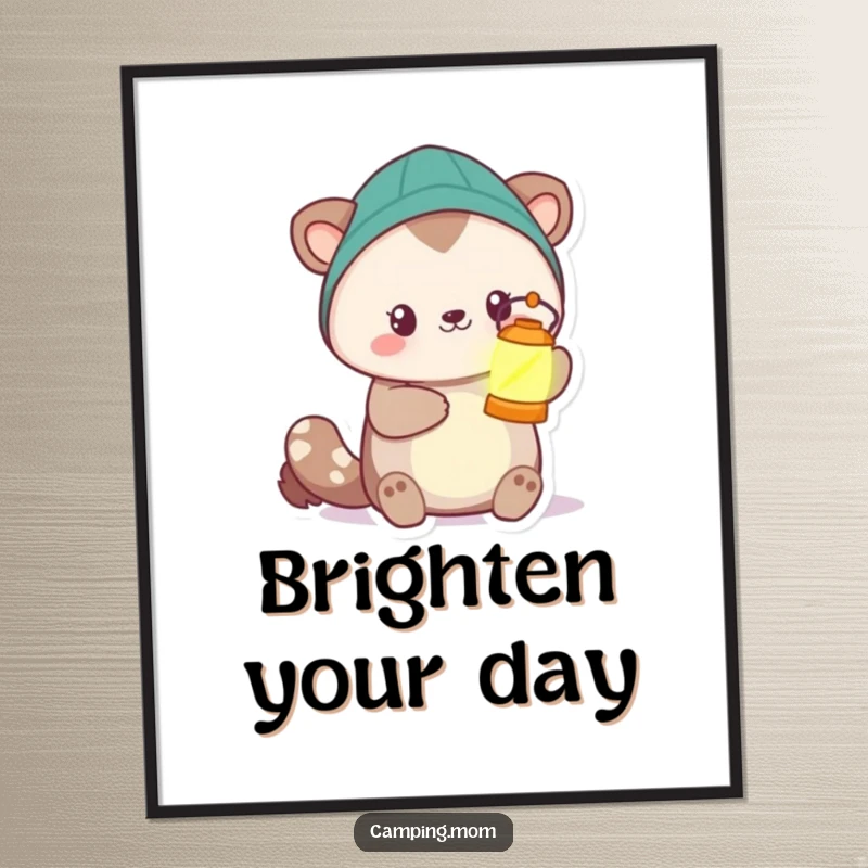 Funny camping animal character holding a brightly glowing lantern, casting a warm light, presented as a beautiful piece of wall art.
