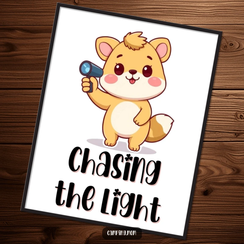 Funny animal poster depicting a playful character holding a flashlight, pointing it upwards, creating a beam of light.