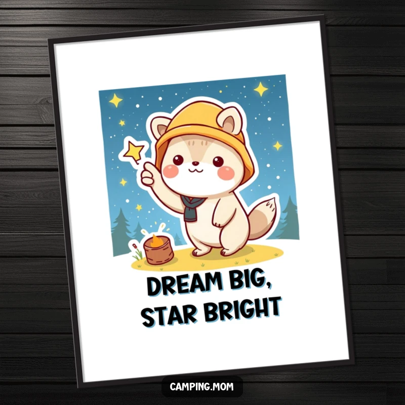 Funny poster print of a kawaii camping animal happily pointing towards a luminous starry night sky, evoking wonder.