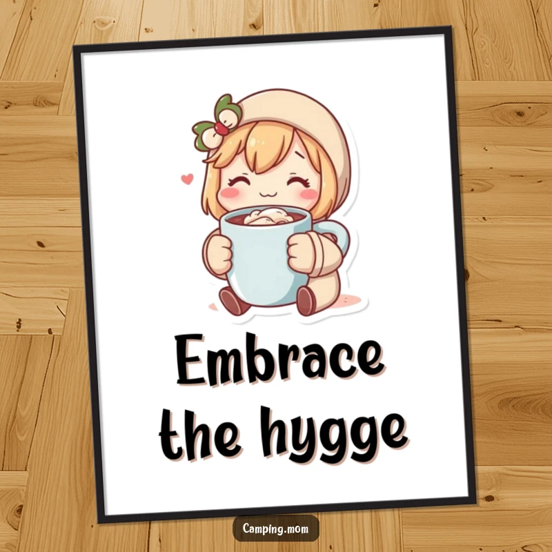 Funny poster art of a character radiating coziness while holding a hot cocoa mug, adding warmth and humor to any room. Excellent funny gift.