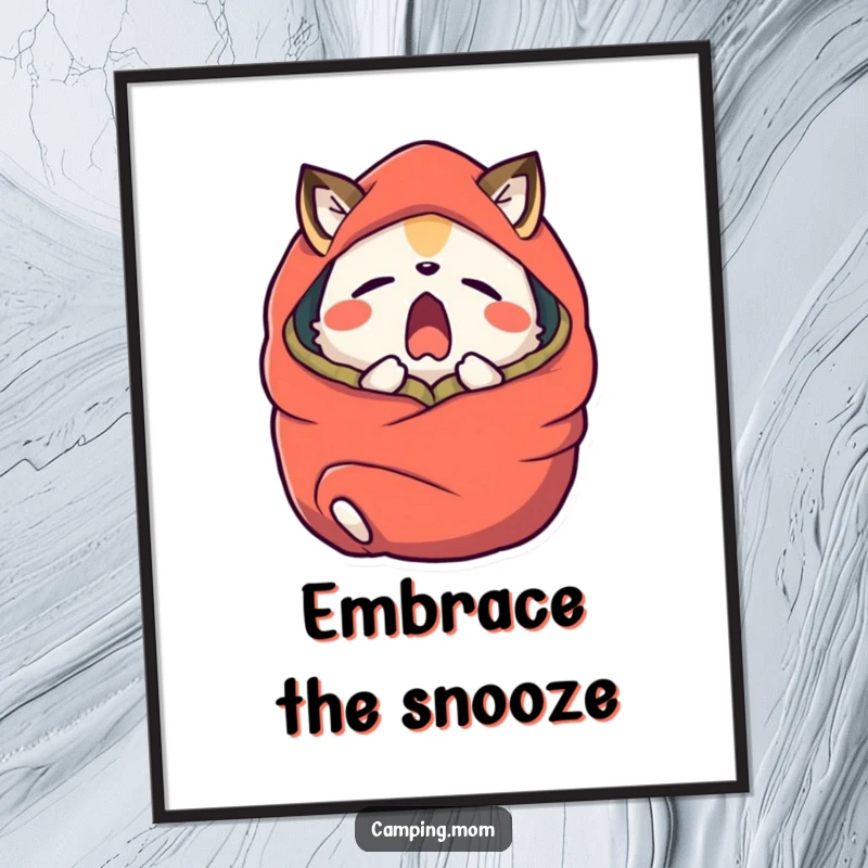 Funny camping animal character yawning widely, wrapped in a sleeping bag, displayed as wall art.