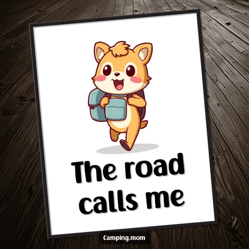 Funny animal poster depicting an excited character carrying a backpack, walking eagerly, perfect for inspiring adventure.