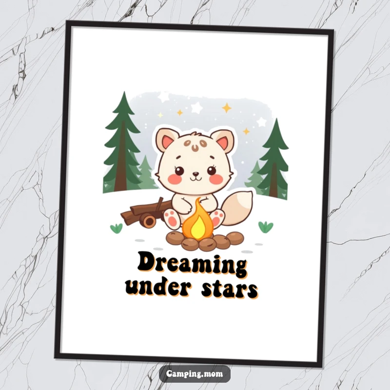 Funny animal poster depicting a joyful character sitting by a campfire, gazing at the stars, perfect for a tranquil vibe.
