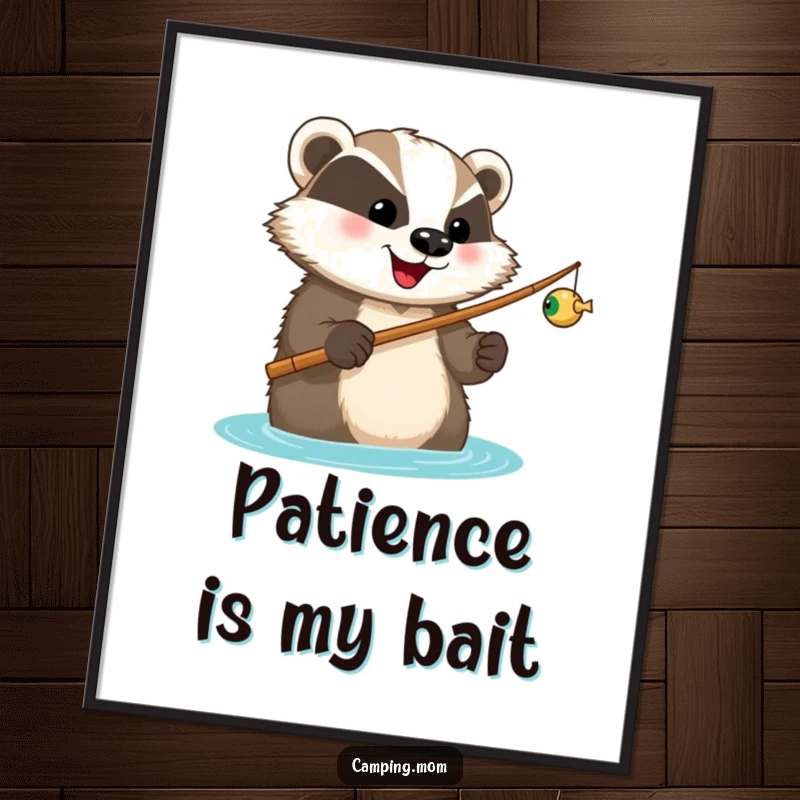 Funny poster art of a happy badger with a fishing rod, looking forward to a catch, depicting serene angling anticipation.