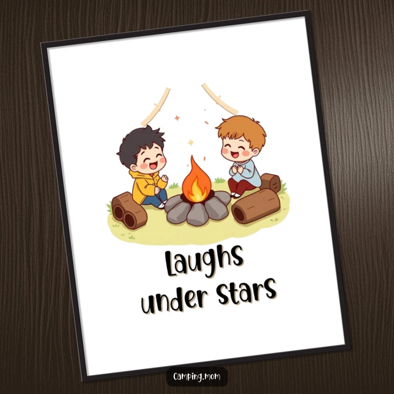 Funny poster art of characters laughing around a campfire, symbolizing fellowship and humor, bringing warmth to any room. Excellent funny gift.