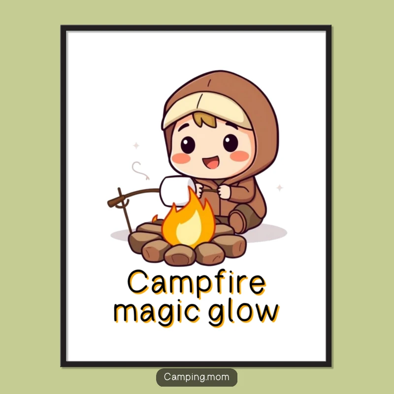 Funny Campfire Marshmallow Poster: Smiling Character Roasting Treat, A Charming Funny Gift.
