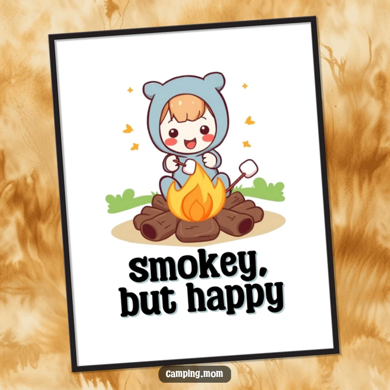 Funny poster art of a gleeful character toasting marshmallows at a campfire, adding a humorous and adventurous vibe to decor.