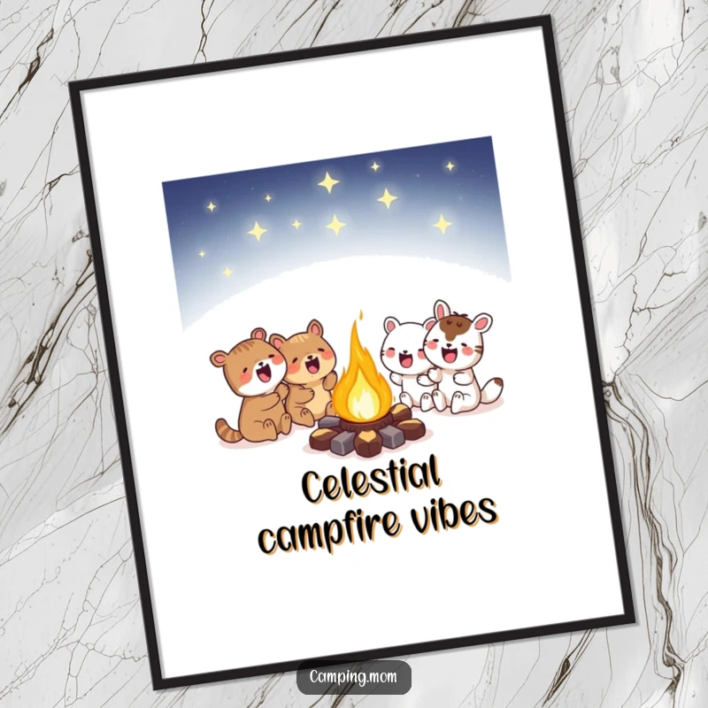 Funny campfire poster featuring animals huddled around a glowing campfire under a starry sky, creating an enchanting and cozy visual.