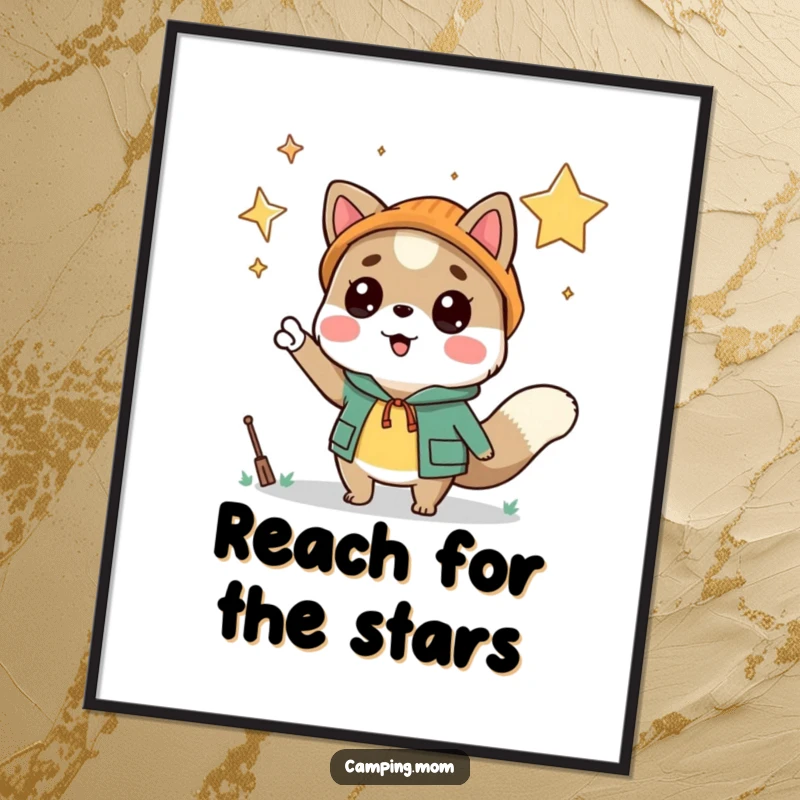 Funny camping animal character pointing at a vast, twinkling starry sky, presented as a captivating piece of wall art.