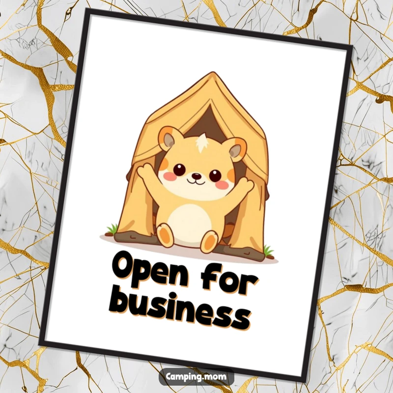 Funny camping animal character happily opening a tent flap, inviting viewers into a scenic outdoor setting, presented as wall art.