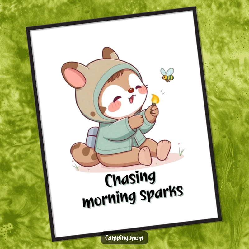 Funny camping mom animal playfully swatting at a glowing firefly, creating a whimsical and humorous art piece.