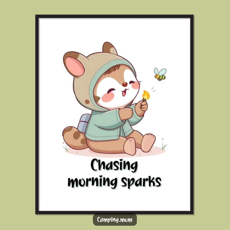 Funny Camping Mom Animal Firefly Chase Poster, Whimsical Wall Art Gift