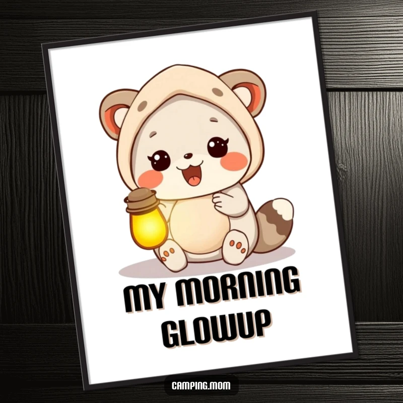 Funny camping mom animal holding a lantern full of glow, creating a warm and humorous wall art piece.
