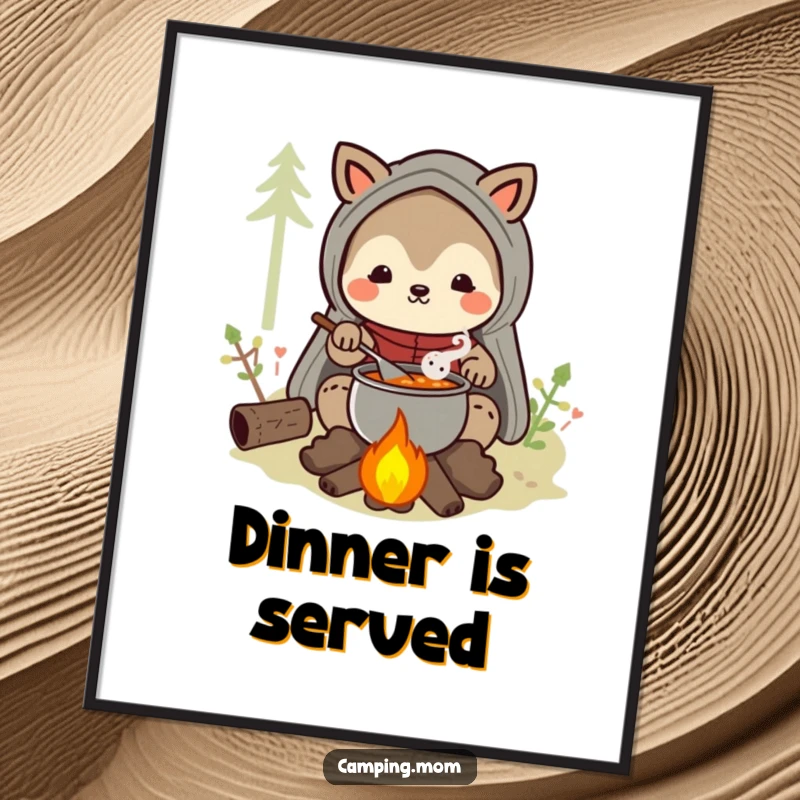 Funny camping mom animal character poster of a happy mom stirring stew over a campfire, evoking warmth and comfort.