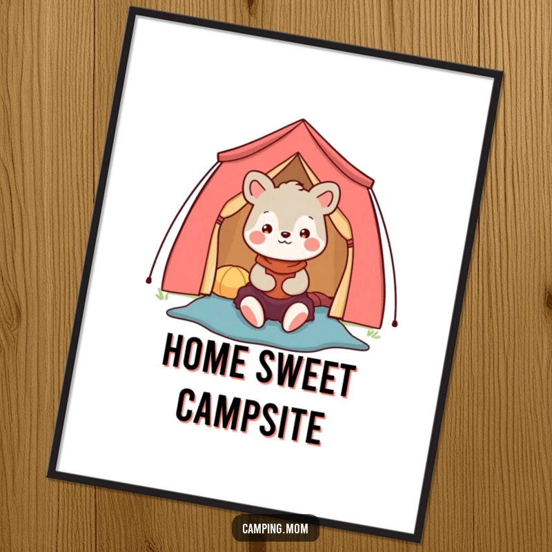 Funny camping mom animal character poster of a happy mom setting up a colorful tent, inspiring outdoor fun.