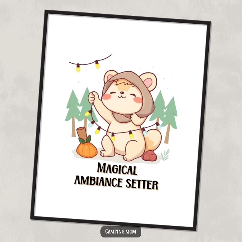 Funny camping mom poster, an animal mom energetically setting up a string of glowing fairy lights, creating whimsical decor.