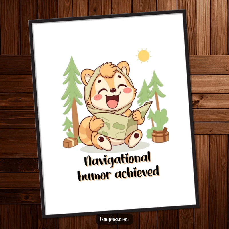 Funny camping mom poster of an animal laughing while trying to unfold a map, adventurous and humorous wall art.