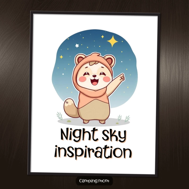 Funny camping mom poster, an animal mom joyfully pointing towards a vast, star-filled night sky, ideal for celestial art lovers.
