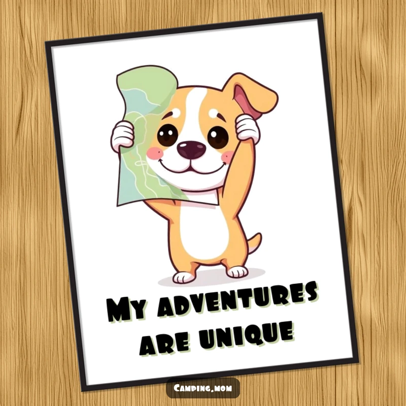Funny dog holding a map upside down with playful confusion, as a humorous wall art print.