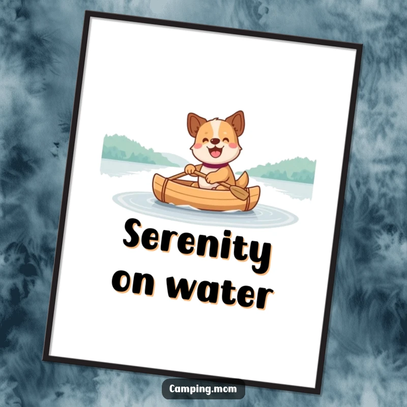 Funny Dog Poster: A serene artwork print of a joyful dog paddling a small canoe across a calm, beautiful lake.